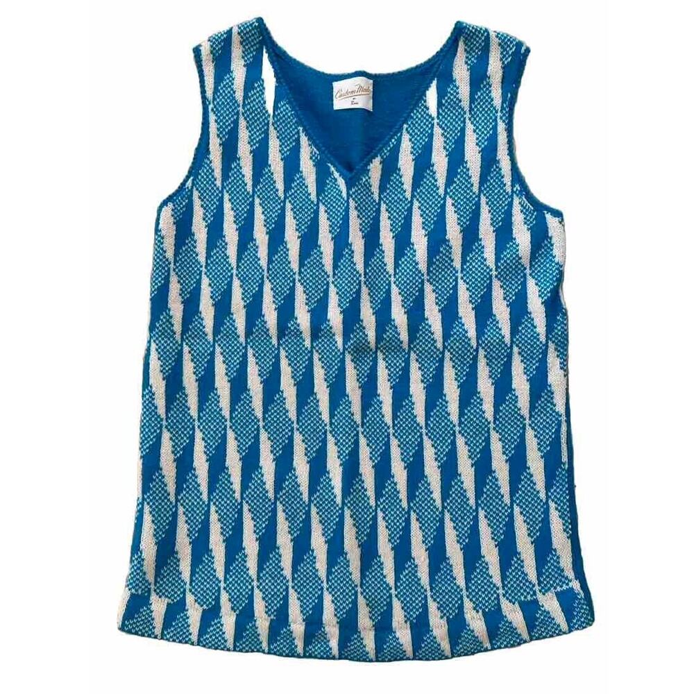 Vintage Preppy Sweater Vest Summer Custom Made Blue White Mod Size S